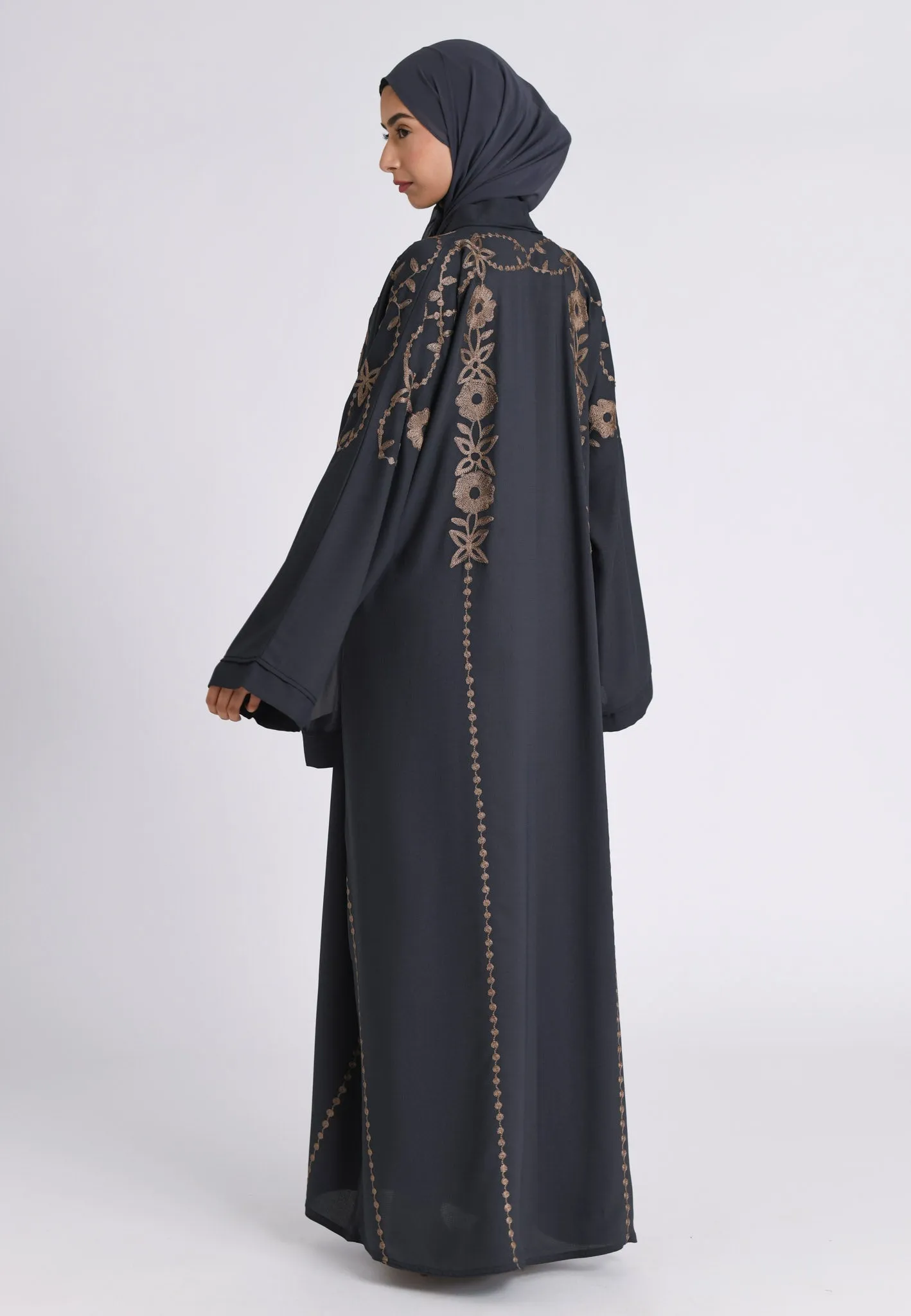 Grey Embroidered Closed Abaya (Premium)