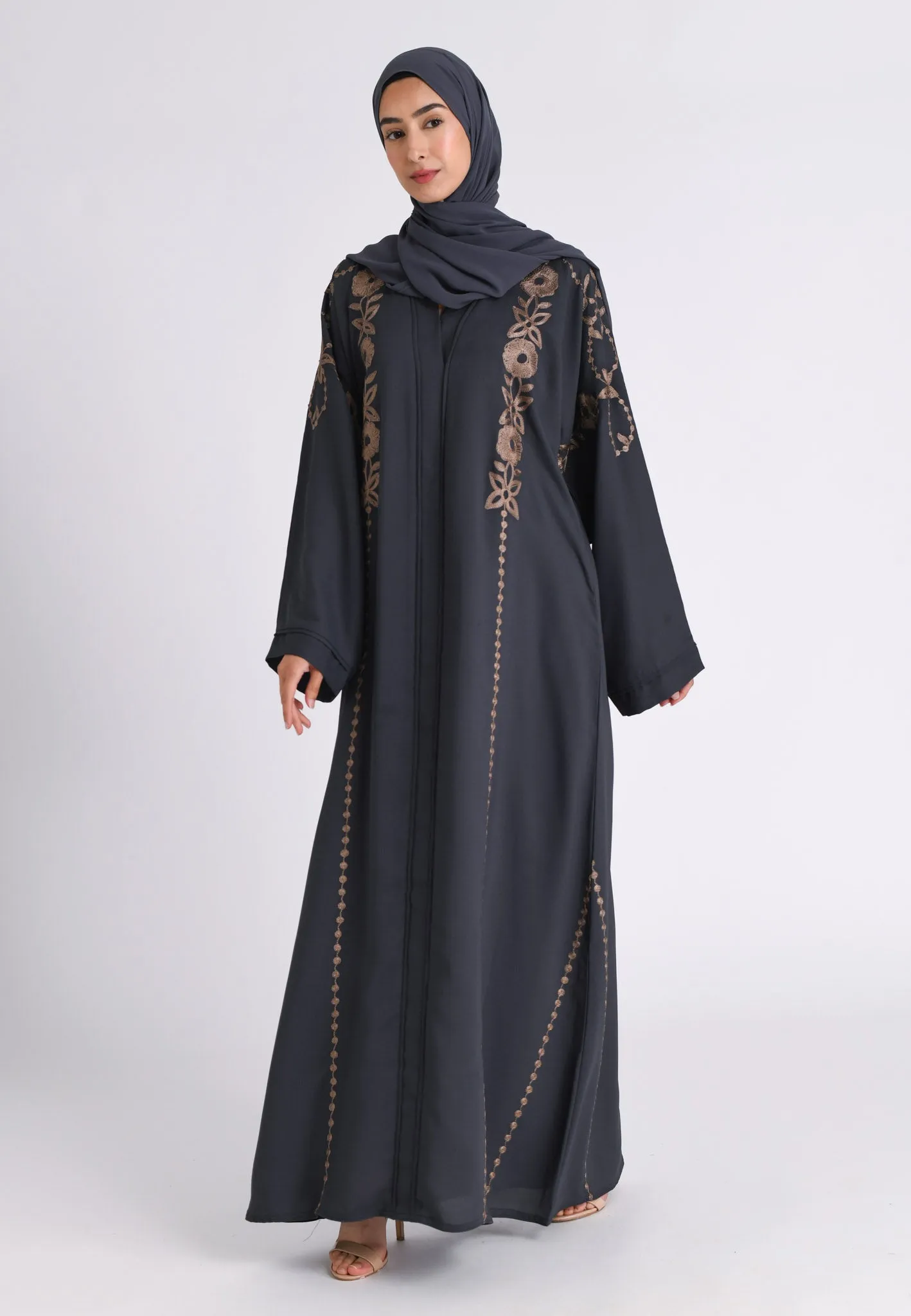 Grey Embroidered Closed Abaya (Premium)