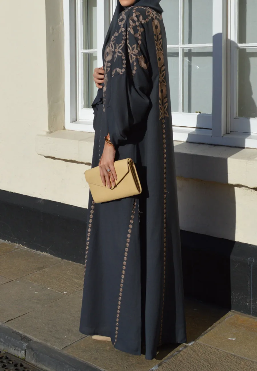 Grey Embroidered Closed Abaya (Premium)