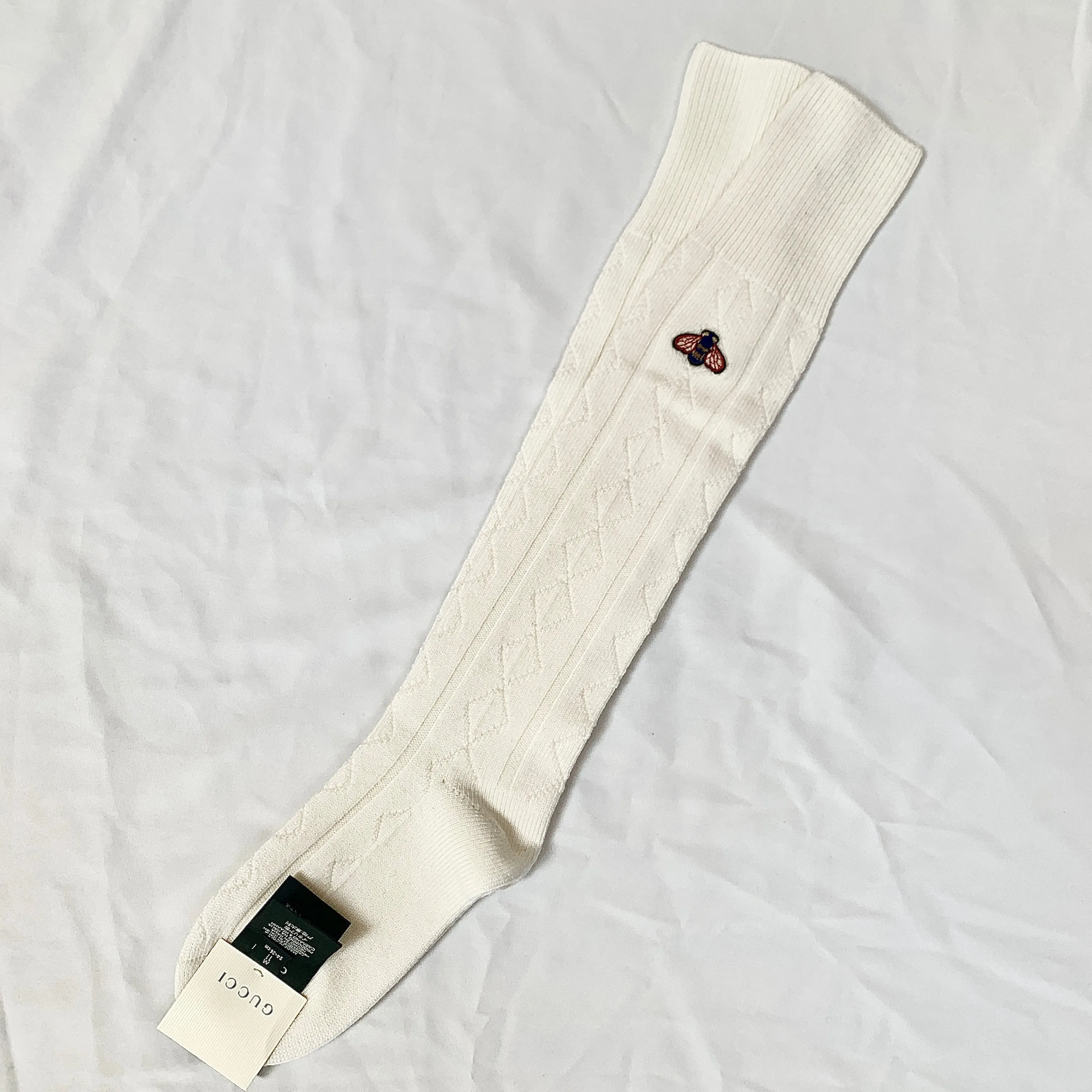 Gucci Wool Blend Knee High Socks with Bee Patch In Ivory