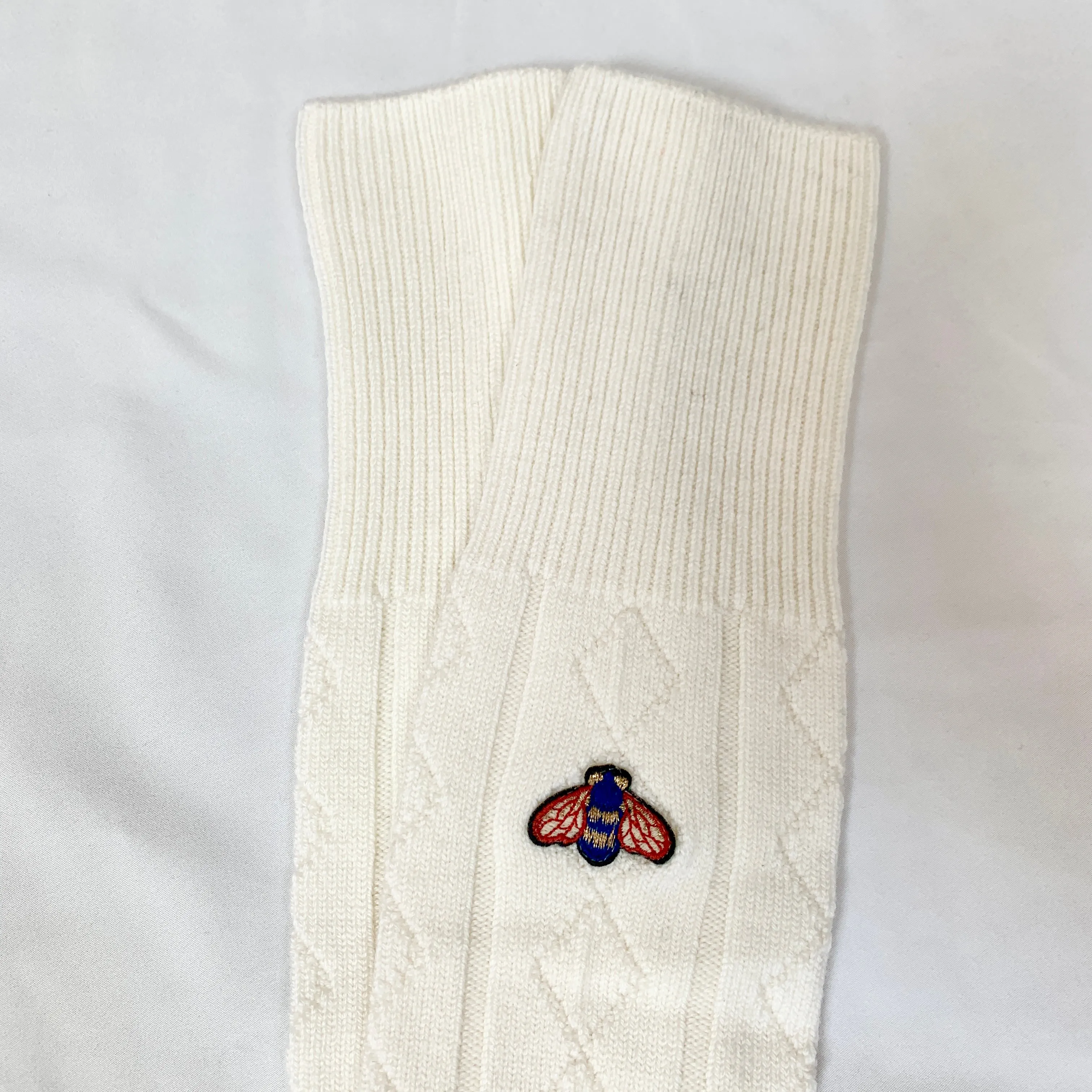 Gucci Wool Blend Knee High Socks with Bee Patch In Ivory