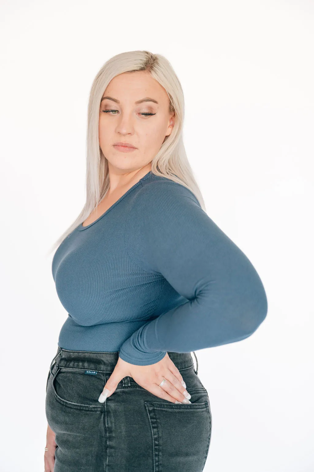 High Neck Long Sleeve Bodysuit - Blue