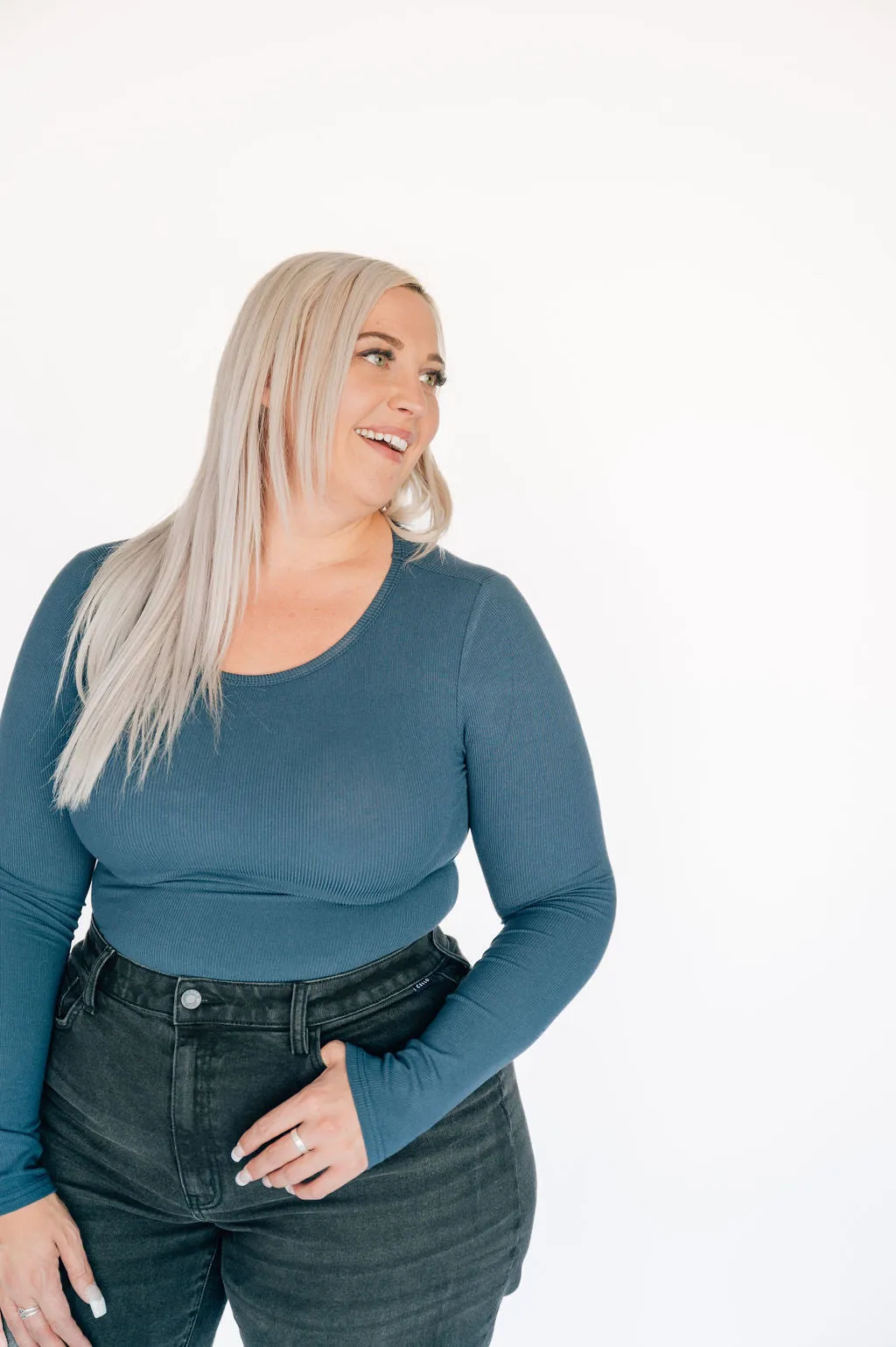 High Neck Long Sleeve Bodysuit - Blue