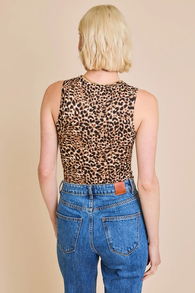 High Neck Ribbed Tank Bodysuit - Cheetah
