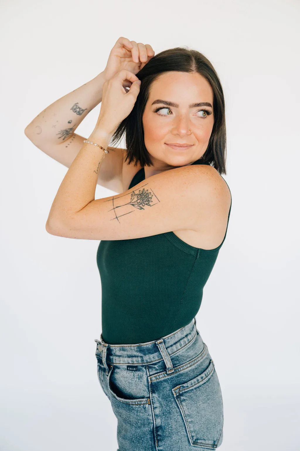 High Neck Ribbed Tank Bodysuit - Emerald