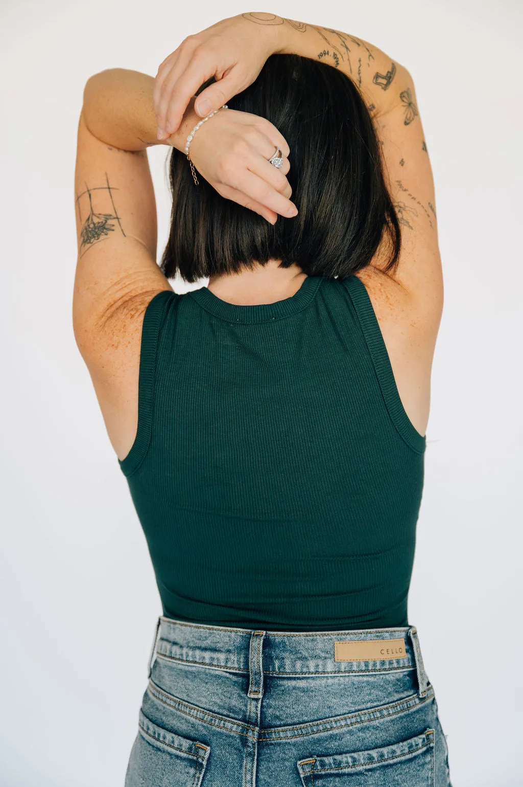High Neck Ribbed Tank Bodysuit - Emerald