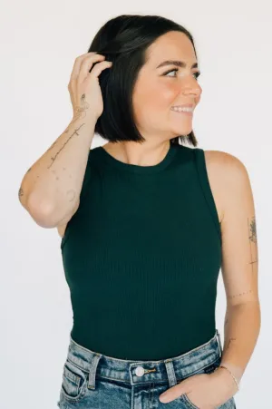 High Neck Ribbed Tank Bodysuit - Emerald