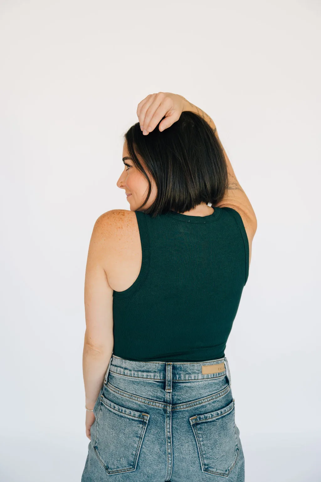 High Neck Ribbed Tank Bodysuit - Emerald