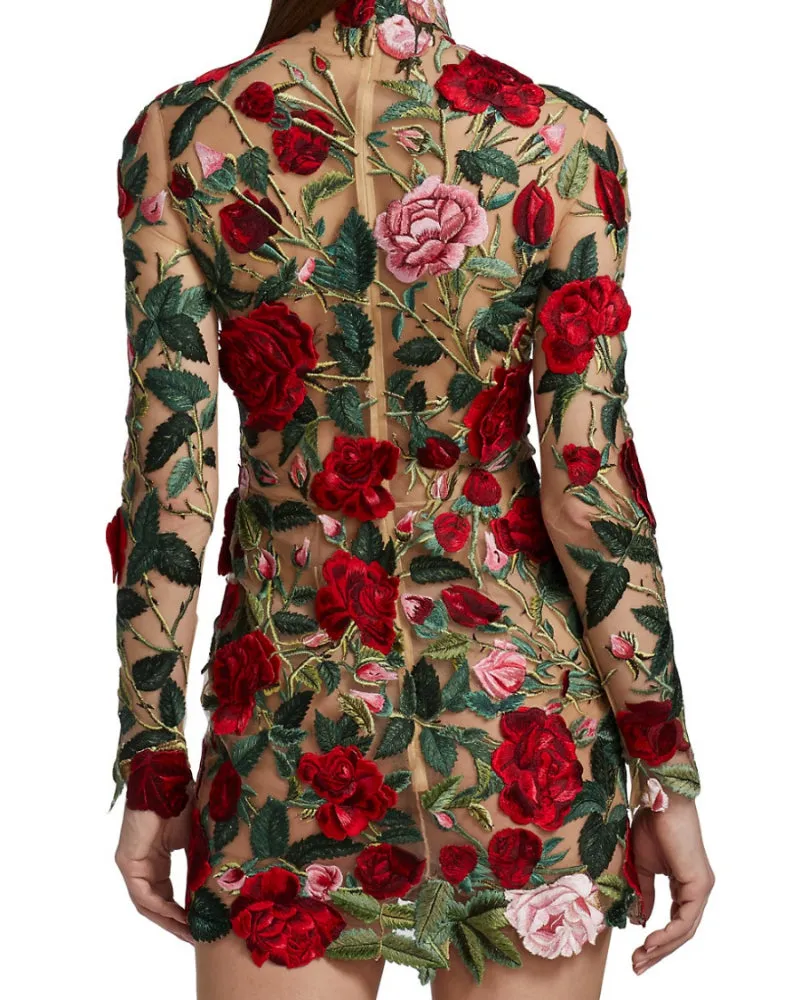 High Neckline Floral Embroidered Bodycon Mini Dresses