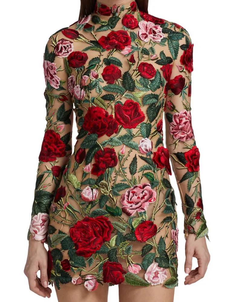 High Neckline Floral Embroidered Bodycon Mini Dresses