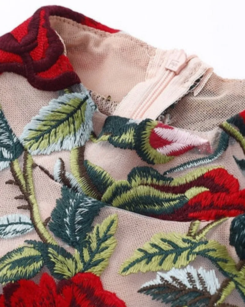High Neckline Floral Embroidered Bodycon Mini Dresses