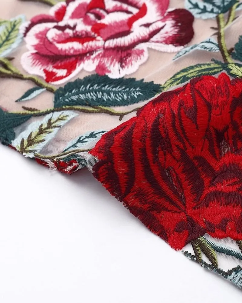 High Neckline Floral Embroidered Bodycon Mini Dresses