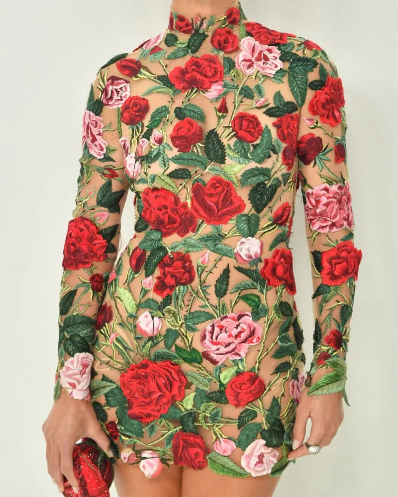 High Neckline Floral Embroidered Bodycon Mini Dresses