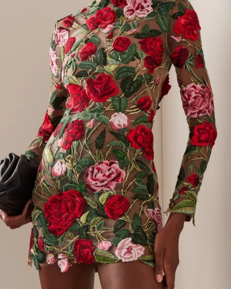 High Neckline Floral Embroidered Bodycon Mini Dresses
