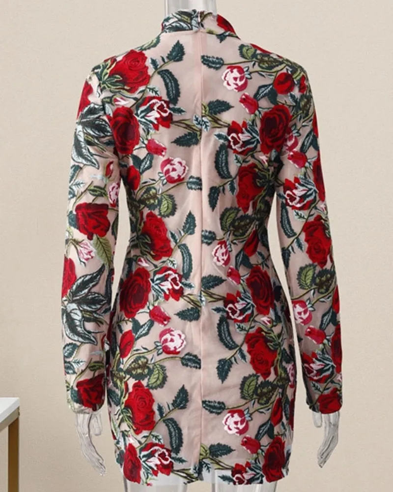 High Neckline Floral Embroidered Bodycon Mini Dresses