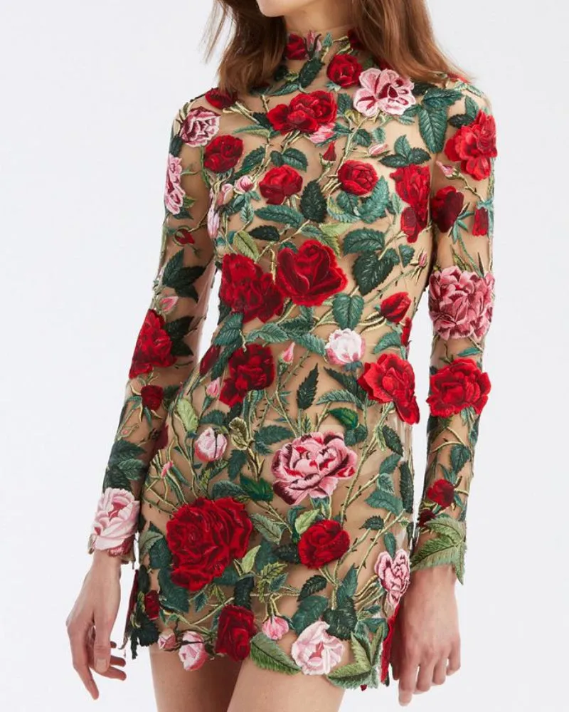 High Neckline Floral Embroidered Bodycon Mini Dresses
