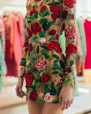 High Neckline Floral Embroidered Bodycon Mini Dresses