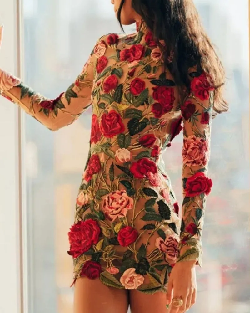 High Neckline Floral Embroidered Bodycon Mini Dresses