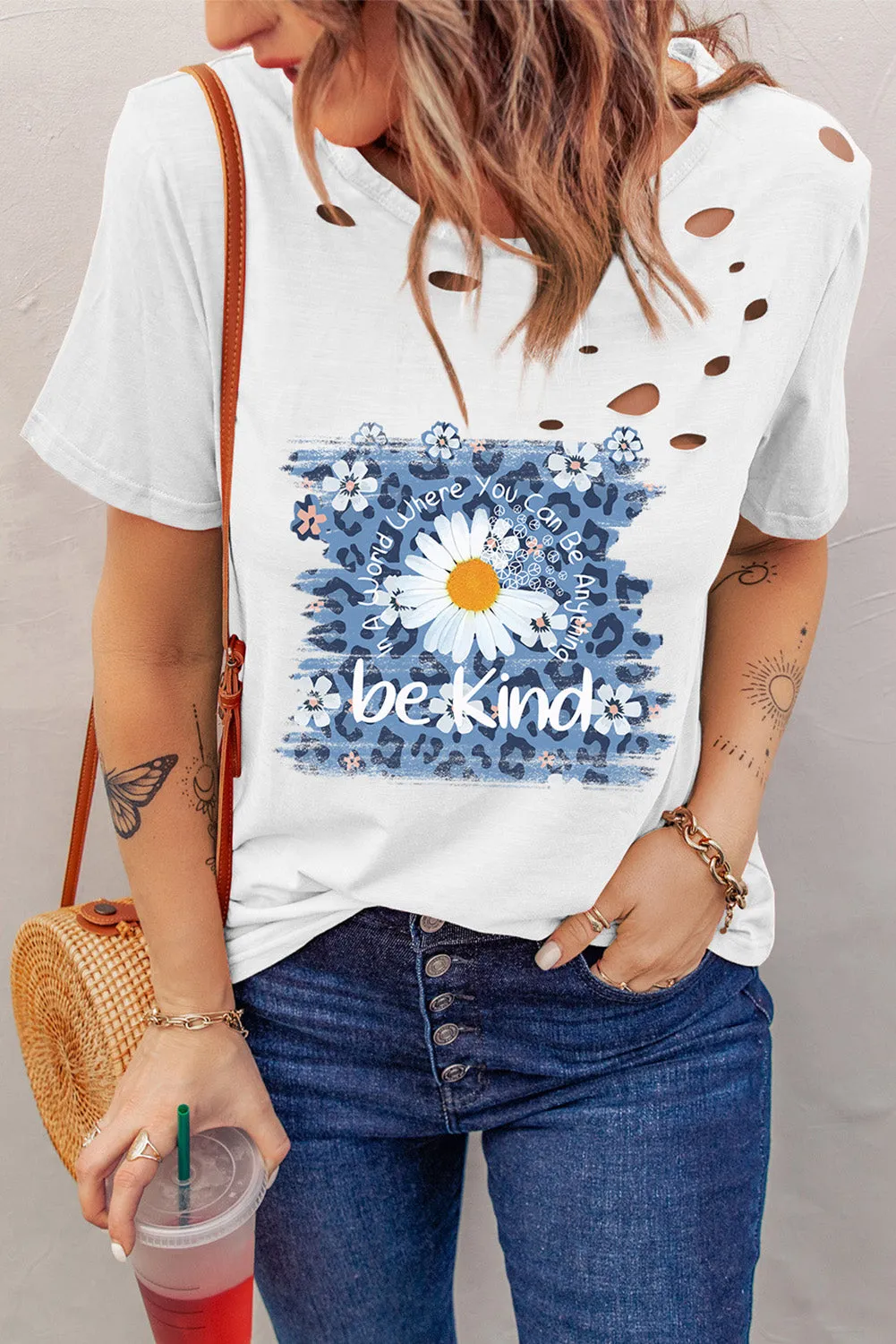 Holes Crew Neck Cotton Mixed T-shirt
