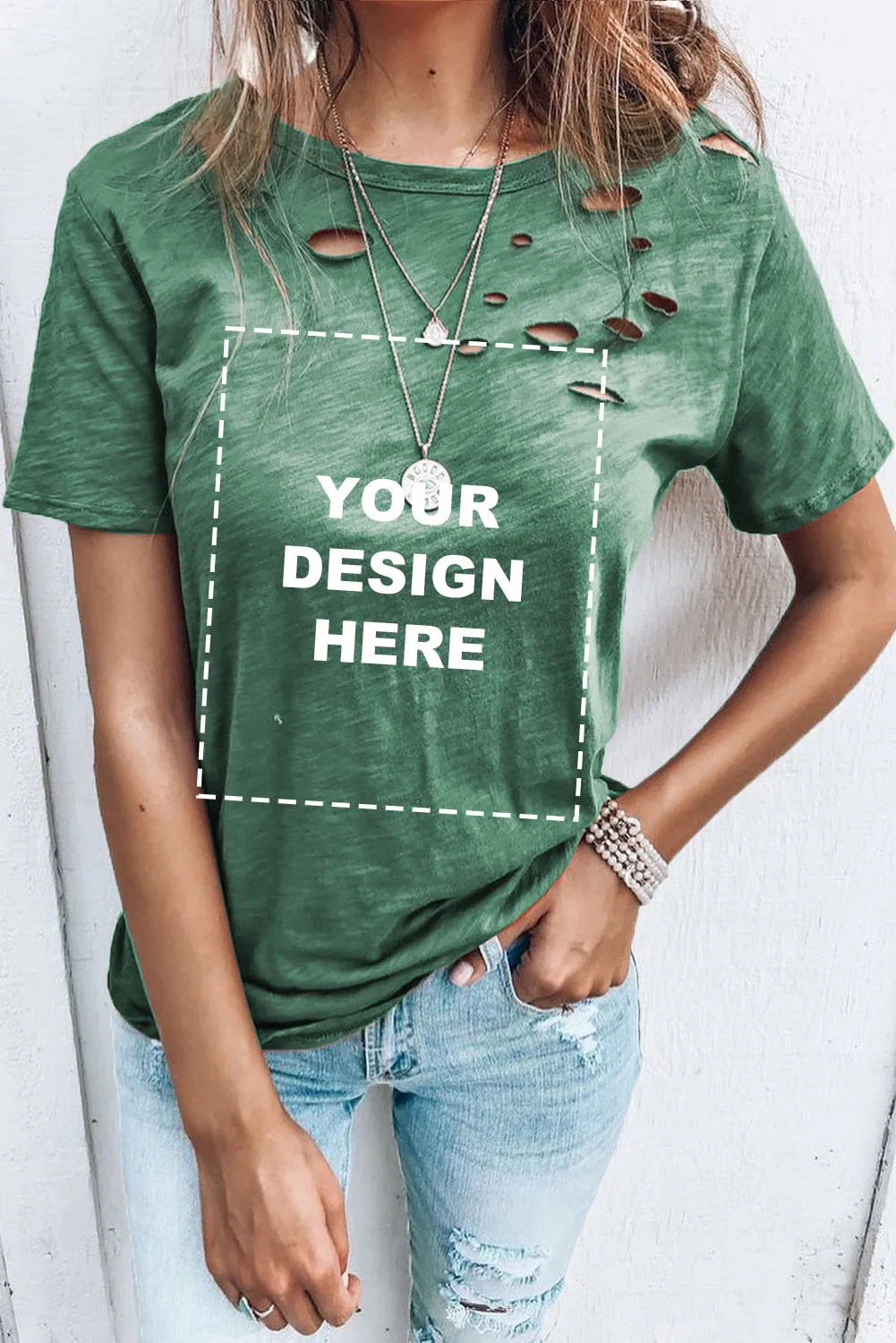 Holes Crew Neck Cotton Mixed T-shirt