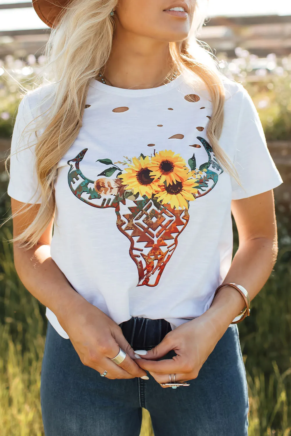 Holes Crew Neck Cotton Mixed T-shirt