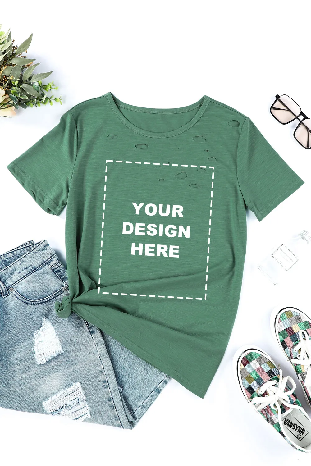 Holes Crew Neck Cotton Mixed T-shirt