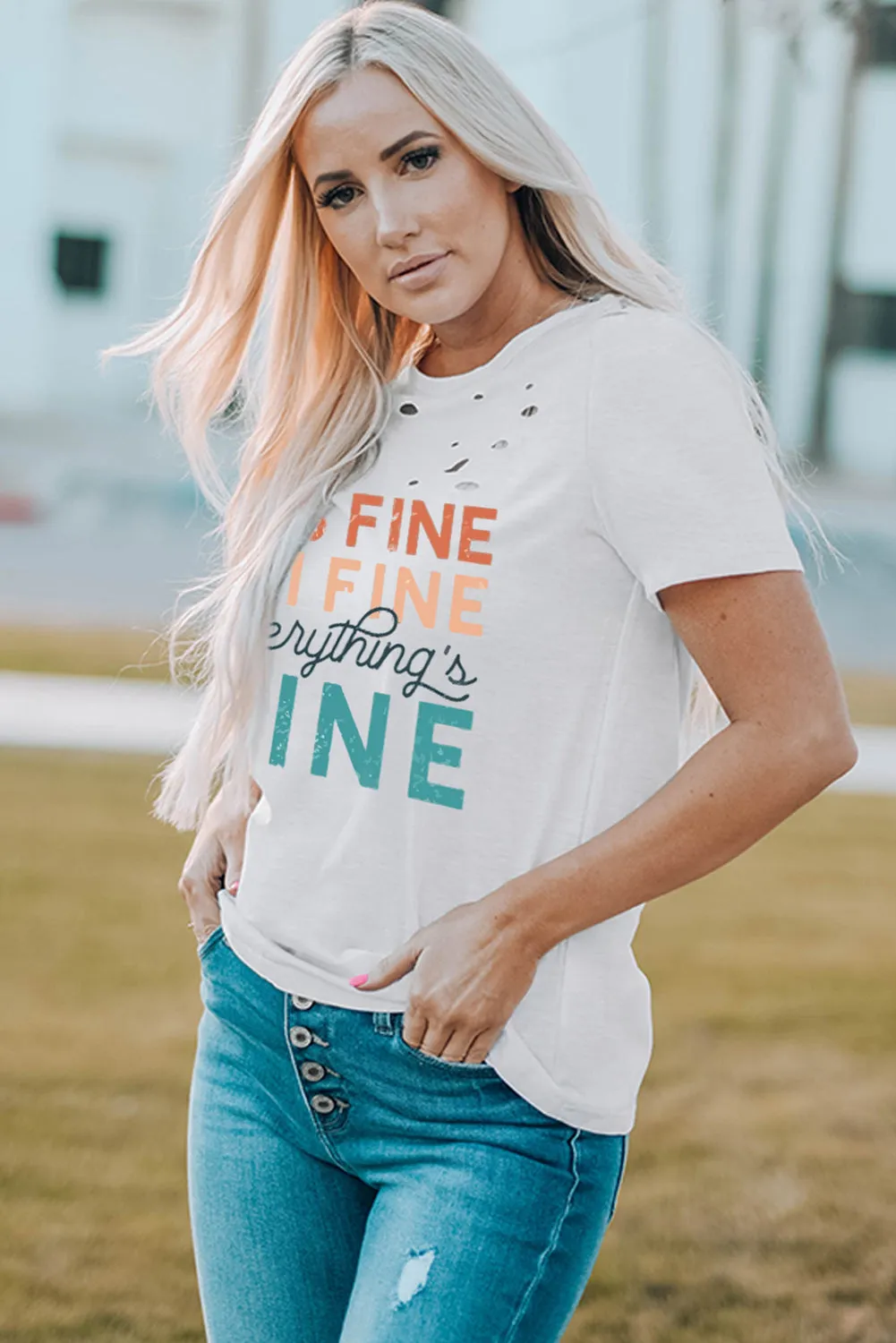 Holes Crew Neck Cotton Mixed T-shirt