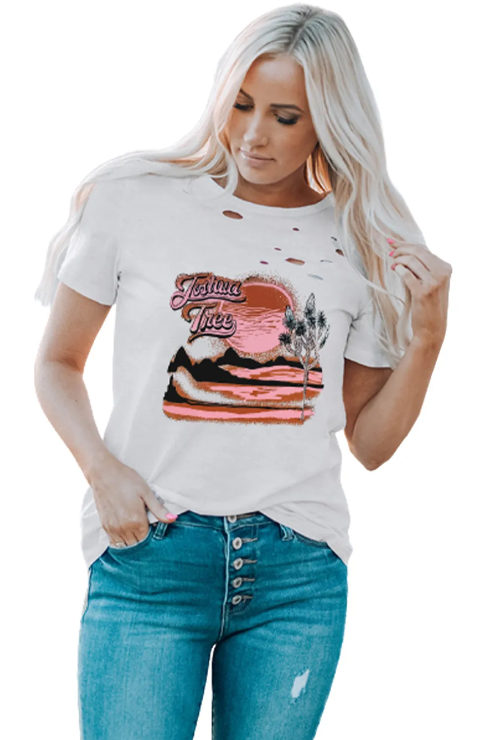Holes Crew Neck Cotton Mixed T-shirt