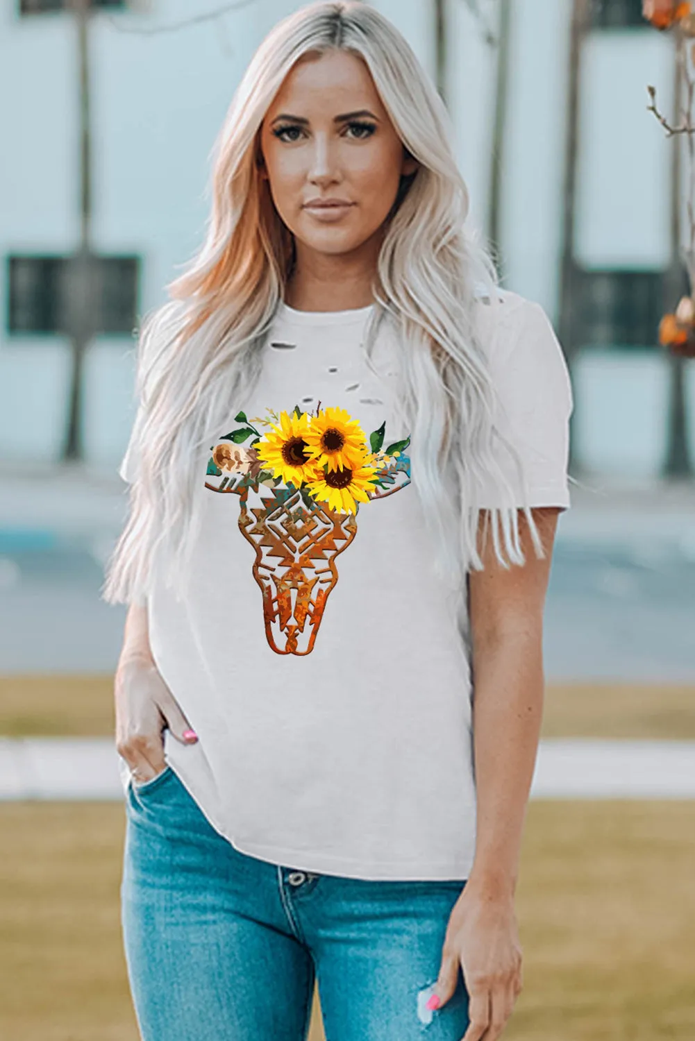 Holes Crew Neck Cotton Mixed T-shirt