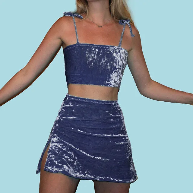 InstaHot Velvet Crop Top Skirts 2 Piece Set Women 2019 Summer Spaghetti Strap Tube Top Split Mini Skirt Fashion Female Sets Sexy