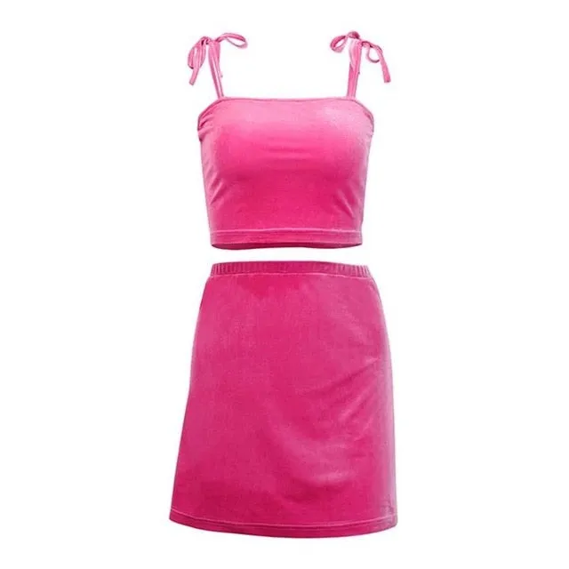 InstaHot Velvet Crop Top Skirts 2 Piece Set Women 2019 Summer Spaghetti Strap Tube Top Split Mini Skirt Fashion Female Sets Sexy