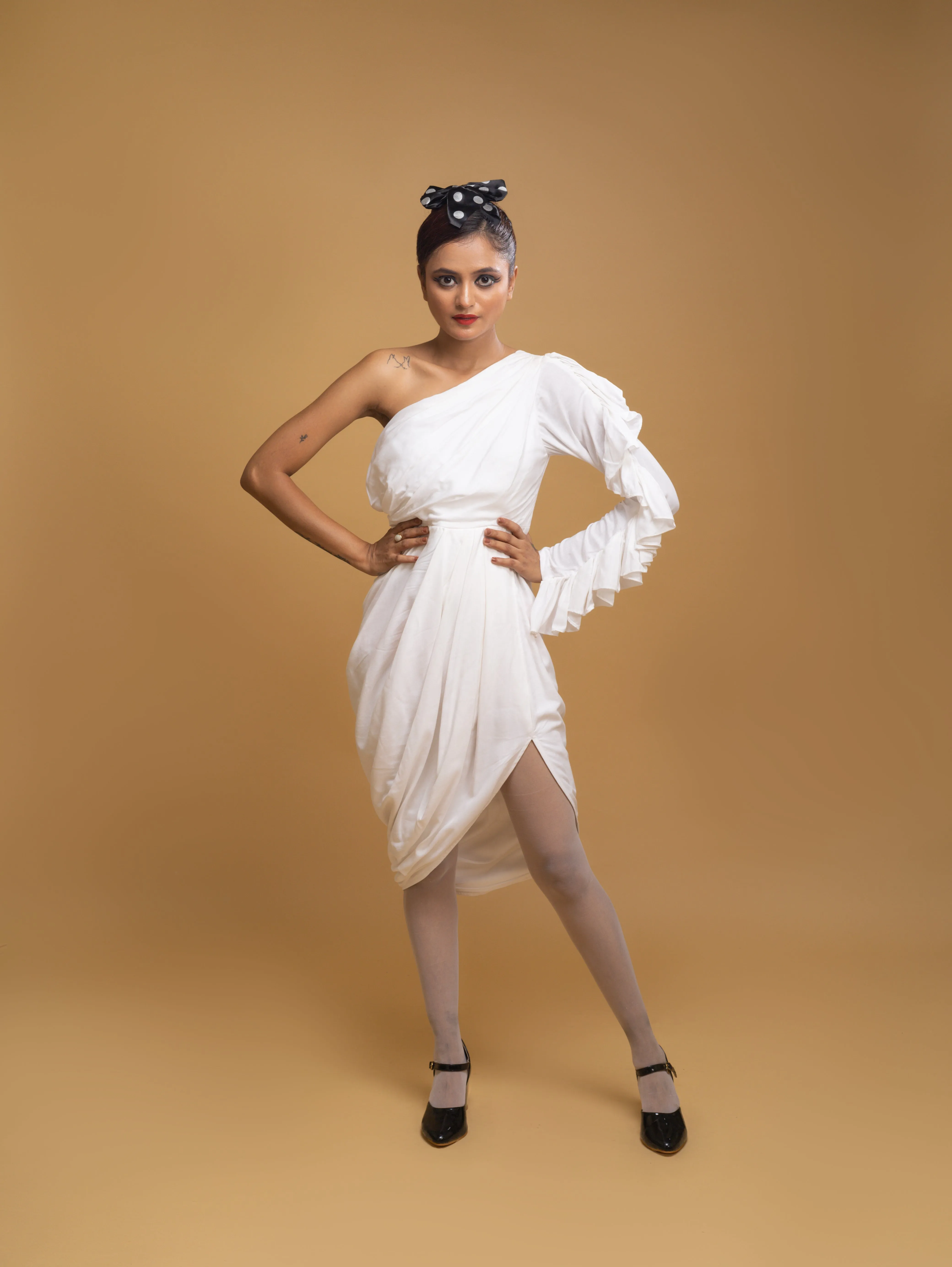 IVORY ONE SHOULDER OVERLAP DRESS