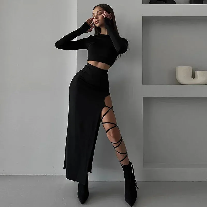 JazzHer Side Slits Lace Up Skirt Sets Sexy Slim Solid Bodycon Crop Tops Woman High Waist Maxi Skirts 2 Piece Suits Womens Outfits