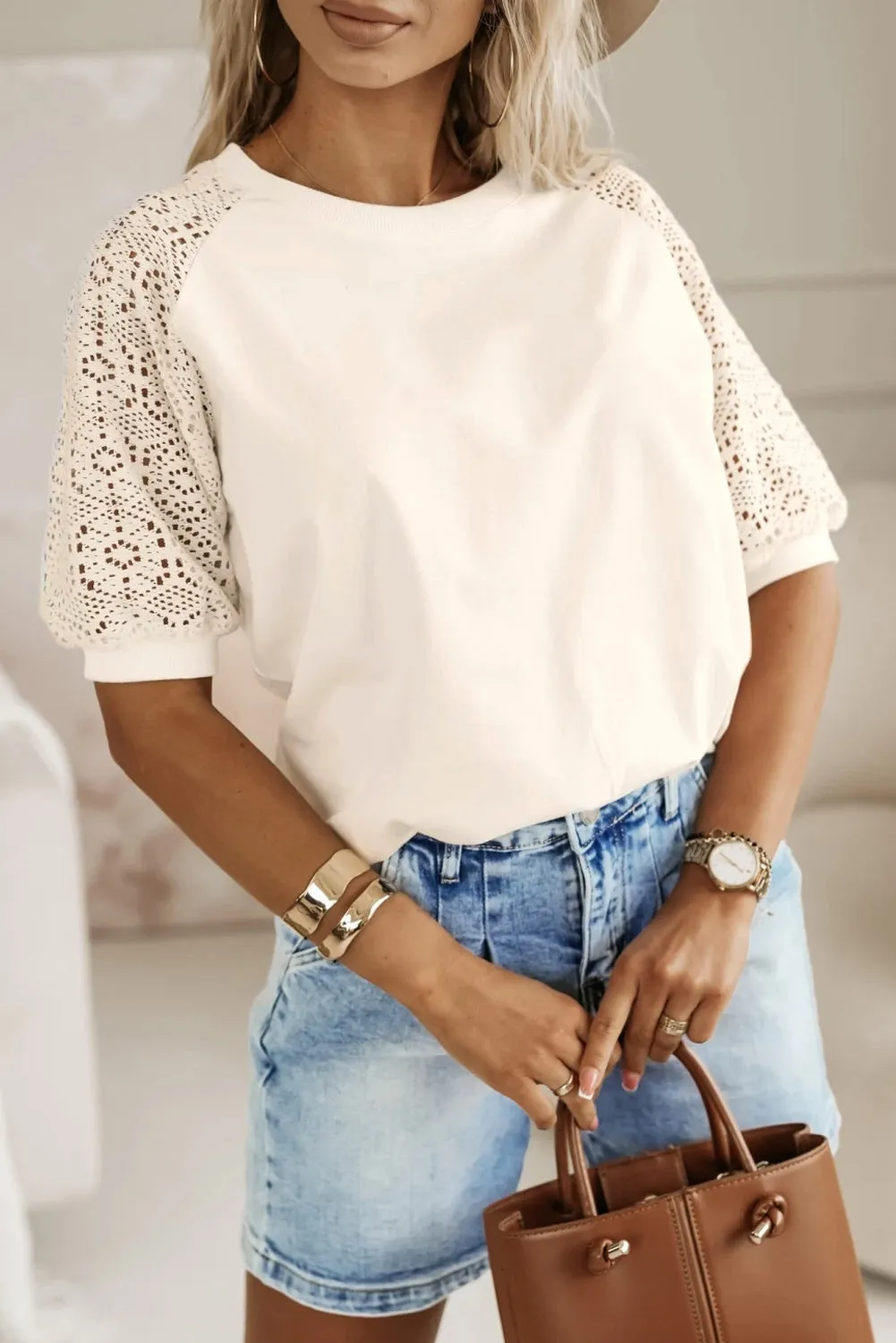 Jet Stream Lace Crochet Short Sleeve Round Neck T Shirt