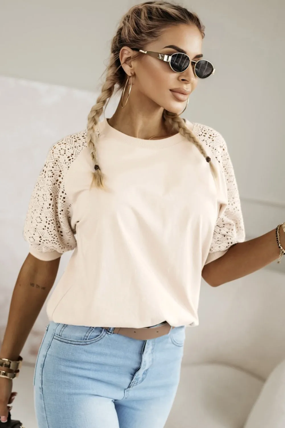 Jet Stream Lace Crochet Short Sleeve Round Neck T Shirt