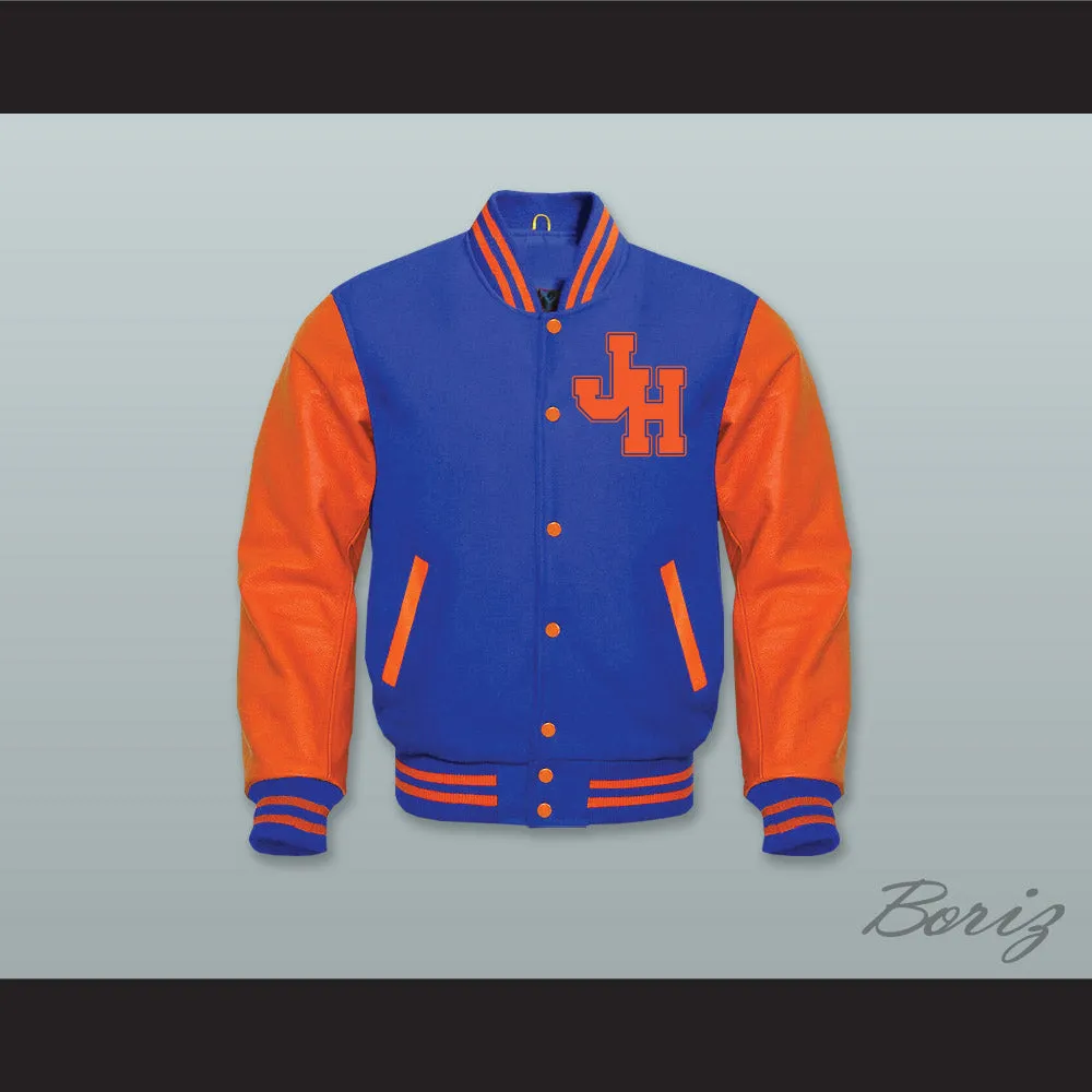 John Hughes High School Royal Blue Wool and Orange Lab Leather Varsity Letterman Jacket