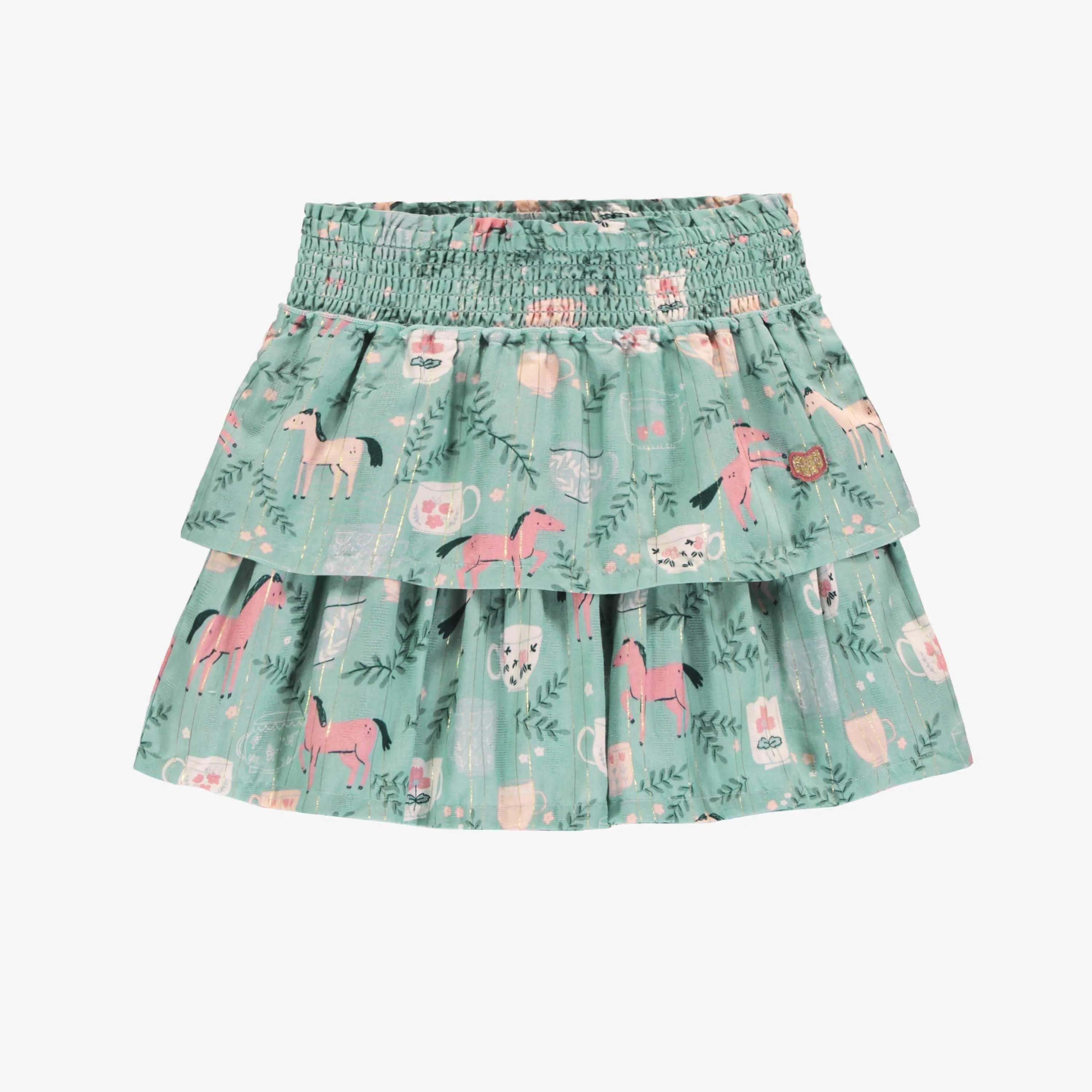 Jupe turquoise cendré en popeline scintillante à motifs de chevaux, enfant || Ash turquoise skirt in shimmering poplin with horse all over print, child