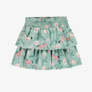 Jupe turquoise cendré en popeline scintillante à motifs de chevaux, enfant || Ash turquoise skirt in shimmering poplin with horse all over print, child
