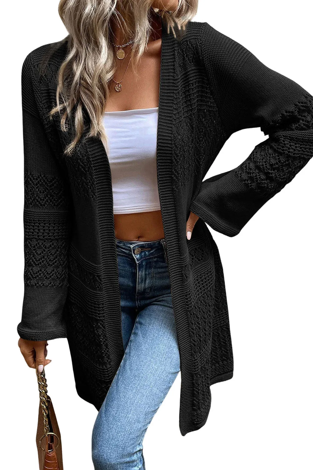 Khaki Pointelle Knit Open Front Cardigan
