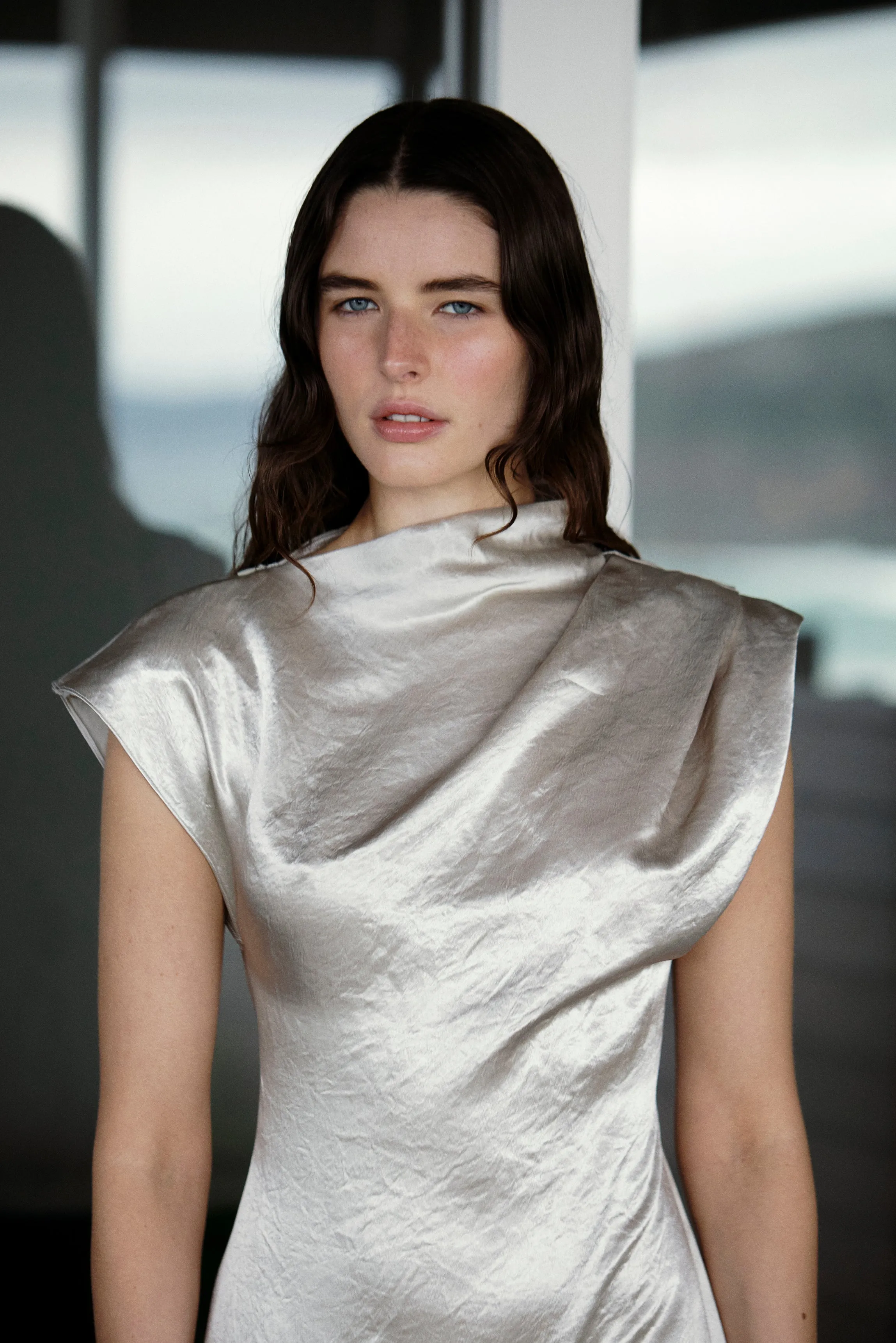 Kobe Satin Pleat Shoulder Top - Silver
