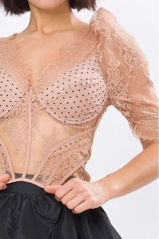 Lace Corset Balloon Sleeve Top - Mocha