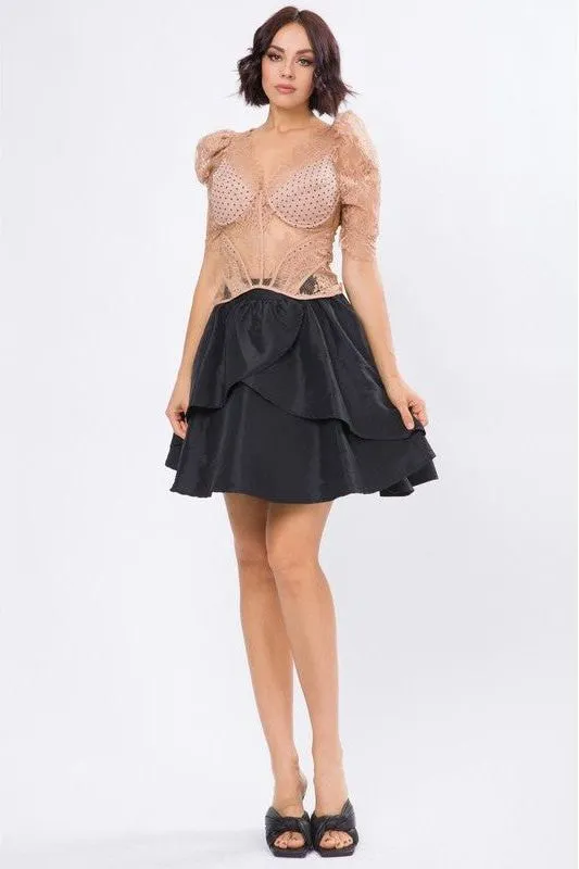 Lace Corset Balloon Sleeve Top - Mocha