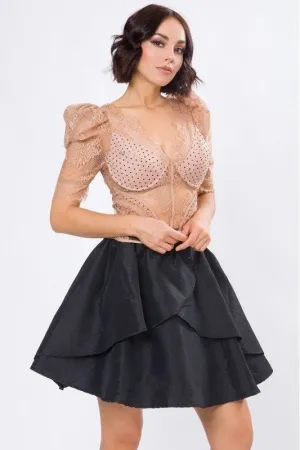 Lace Corset Balloon Sleeve Top - Mocha