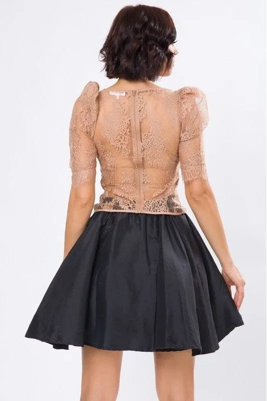 Lace Corset Balloon Sleeve Top - Mocha