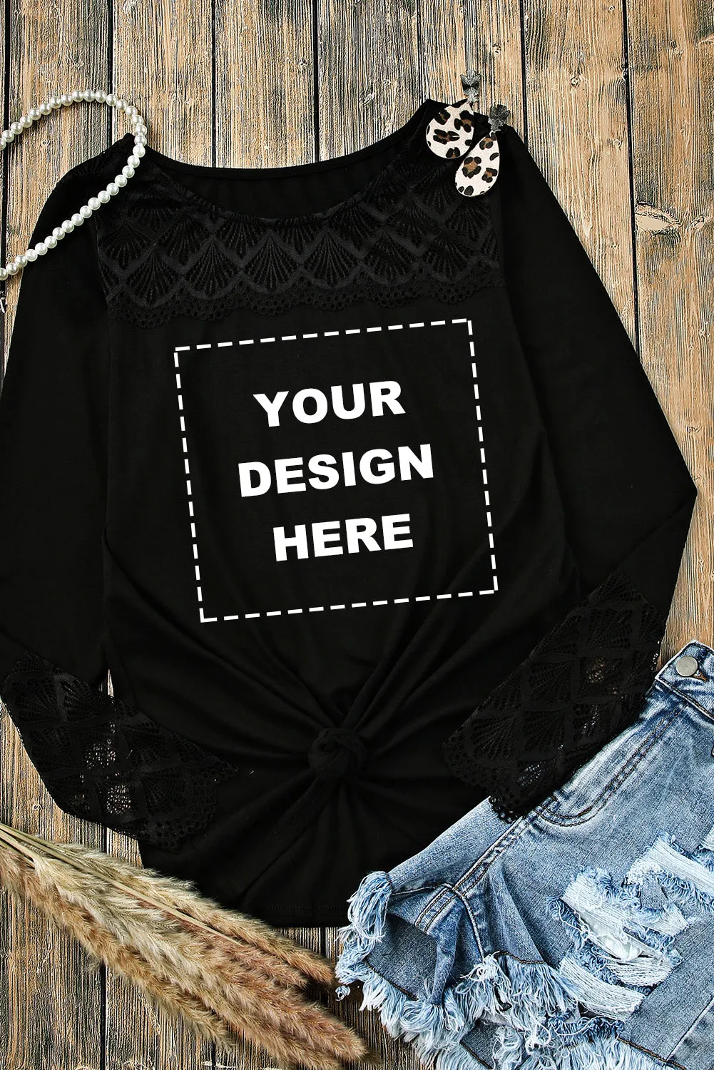 Lace Crochet Splicing O-neck Long Sleeve Top