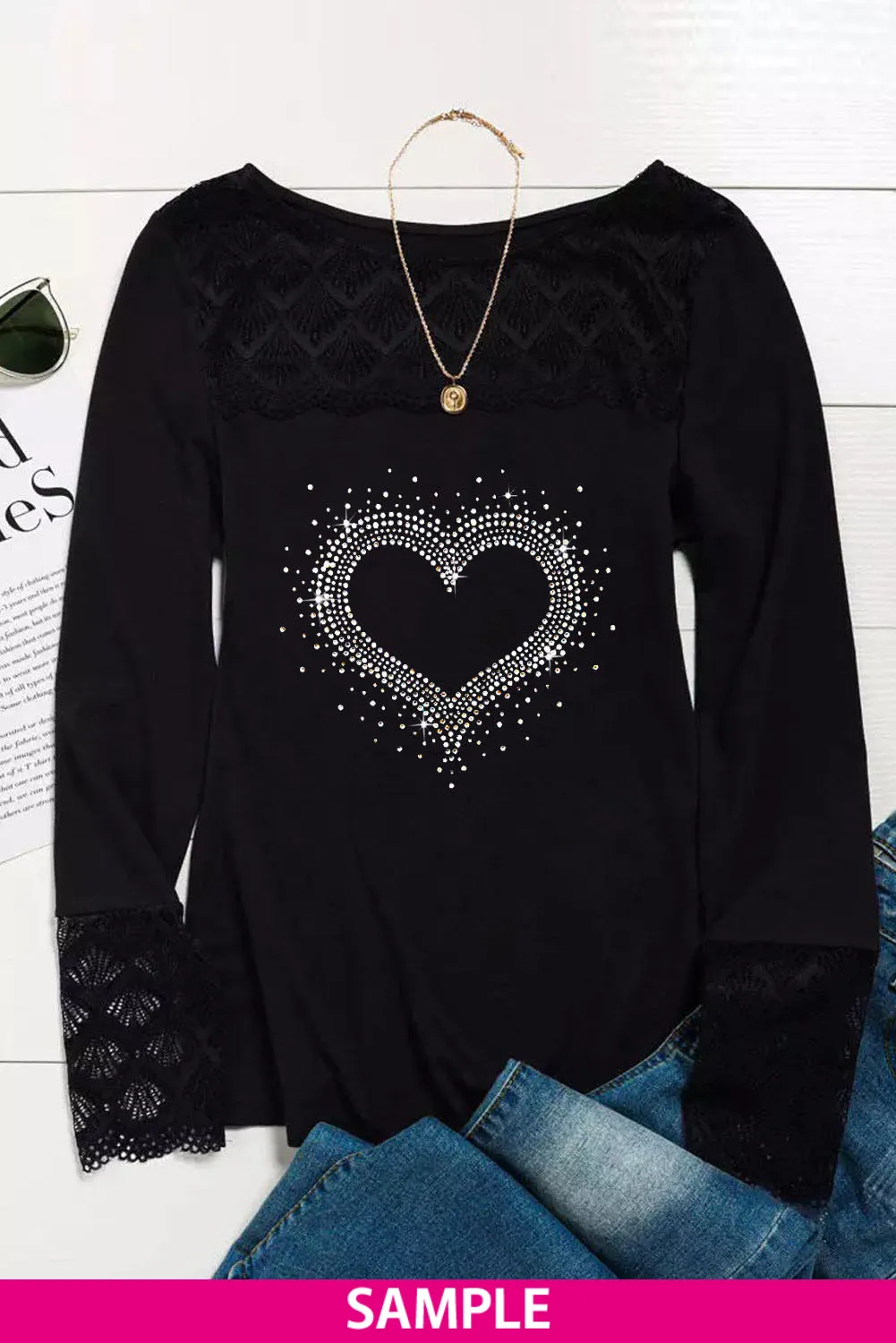 Lace Crochet Splicing O-neck Long Sleeve Top