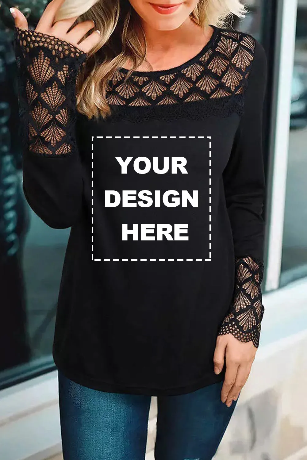 Lace Crochet Splicing O-neck Long Sleeve Top