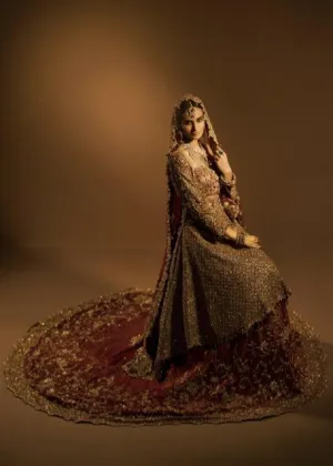 Latest Pakistani bridal outfit embroidered in carmine red color # B3383