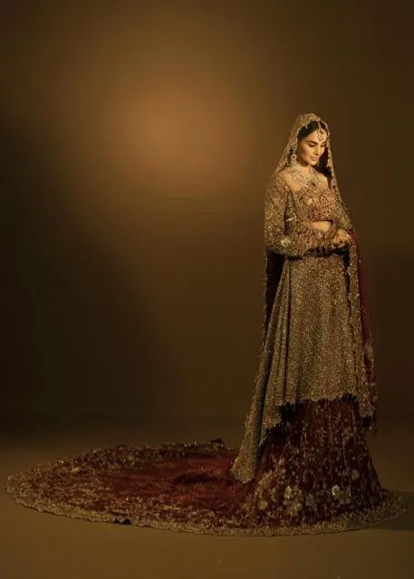 Latest Pakistani bridal outfit embroidered in carmine red color # B3383