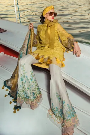 Latest Pakistani embroidered eid dress in mustard and white color # E2210